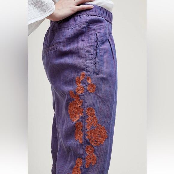 Anthropologie Embroidered Linen Pull On Pants Purple/Orange Size XS Artsy Boho - Picture 4 of 15